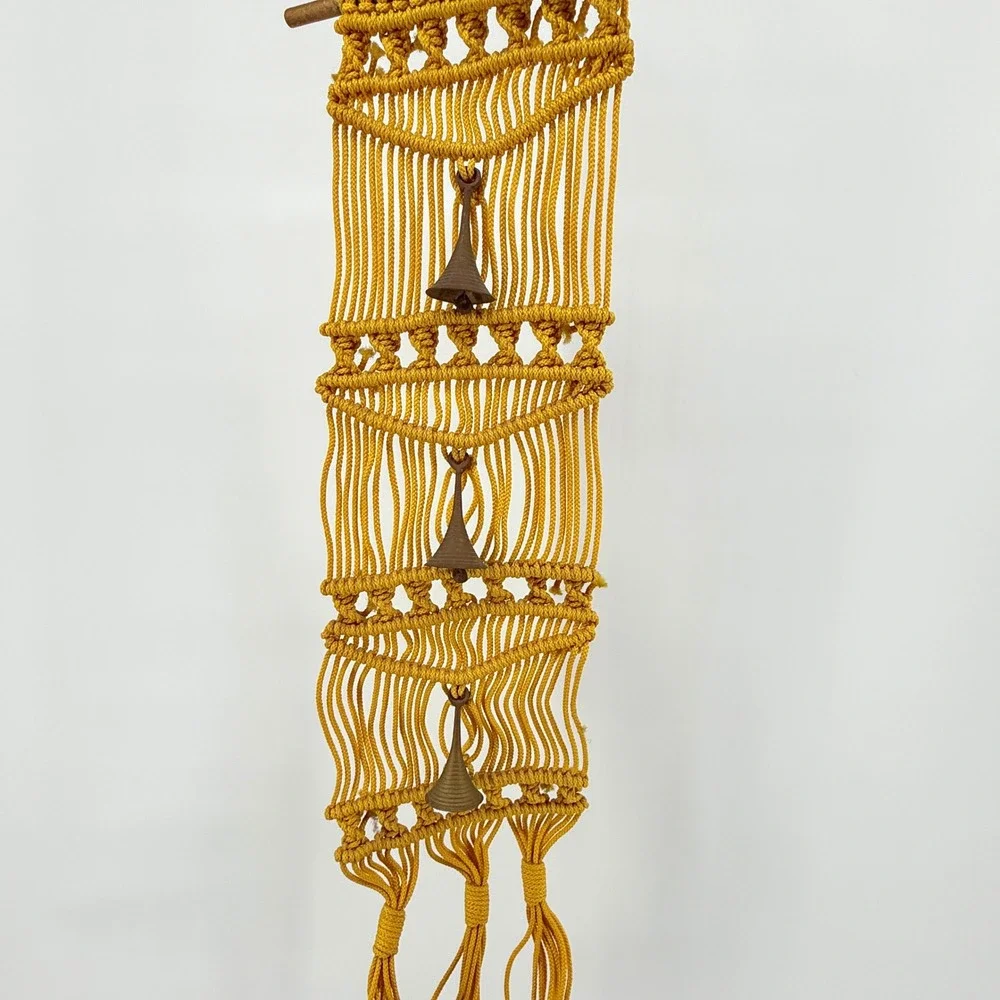 Vintage Macrame Wall Hanging Bell Chimes Mustard Yellow Boho Decor 31 in‎